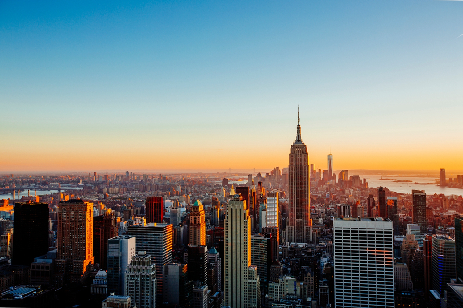 Aerial view of Manhattan skyline at sunset, New York City, USA