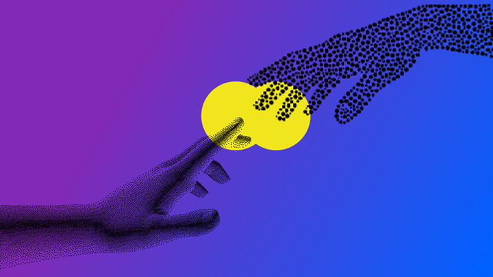 una mano humana y otra digital que se acercan para tocarse